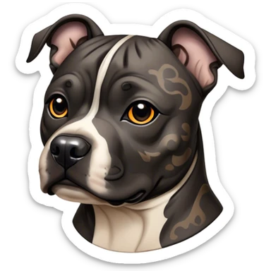 Cinematic Noble Black/Brindle Staffordshire Bull Terrier Portrait Emoji, Poised and regal, with a compact, muscular build and a sleek, well-groomed Fur featuring a striking mix of black and brindle patterns, deep-set soulful dark eyes, Simplified yet sharp and sophisticated features, highly detailed, glowing with a soft, dignified glow, high shine, intelligent and loyal, stylized with an air of strength, focused and attentive, soft glowing outline, capturing the essence of a watchful and confident guardian, so majestic it feels as though it could stride out of the screen with effortless authority! sticker