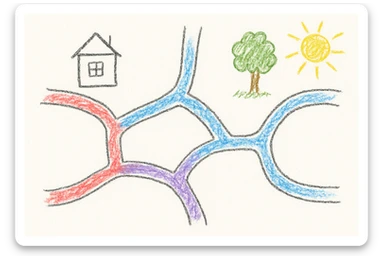 simple road map illustration, top-down view, with winding roads, intersections, and a few landmarks, hand drawn children's illustration style sticker