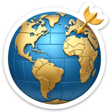 “Icon: Earth globe, circular arrows around it, a dollar coin at the top right, simple composition, single object, transparent background sticker