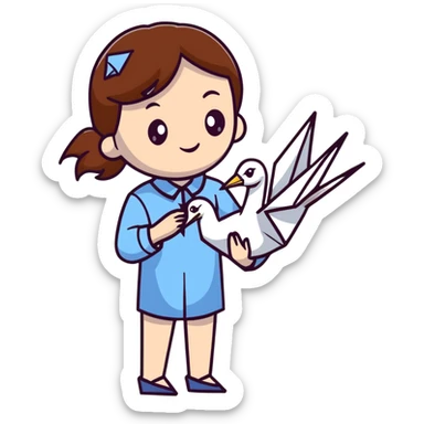 A Ukrainian young girl with brown hair wearing a white embroidered shirt holds an origami blue crane sticker