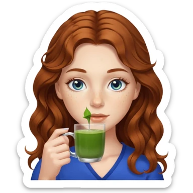 White girl with long wavy brown hair, freckles, blue eyes and long lashes drinking matcha sticker