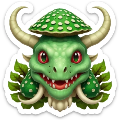 poisonous mushroom dragon beast portrait, head and shoulders only, face covered in mushroom plates, glowing green spores, fungal horns, mushroom cap scales, fantasy creature, 3D cartoon, mobile game icon style, clean background, no text, no watermark

 sticker