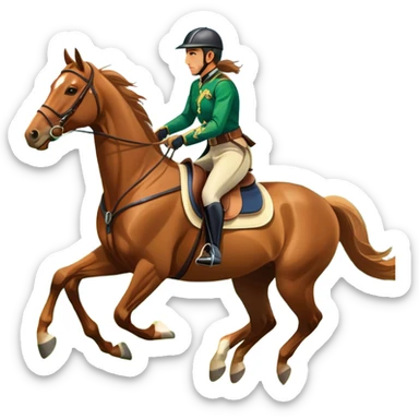 An icon featuring a horse and rider galloping gracefully over a lush green field. The rider is in full gear, guiding the horse with precision. The background shows rolling hills, a clear blue sky, and vibrant sunlight illuminating the scene. Transparent background highlights the elegance sticker