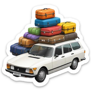 a white peugeot 504 break with colorful luggage on the roof sticker