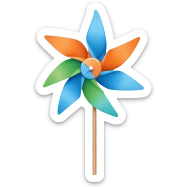 A pinwheel with 4 blades, using teh colors orange, light blue, blue and green, like a airflow logo. Add a woodstick sticker