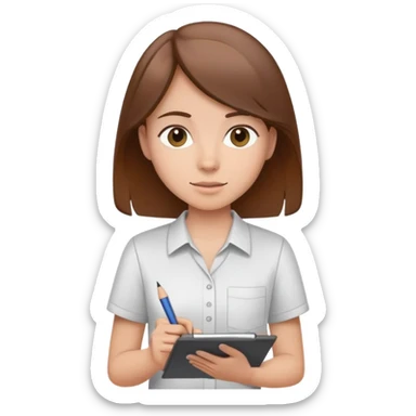 Intern or volunteer with brown hair holding a clipboard and pencil, ready to take notes or assist. The character wears a simple shirt and has an eager posture sticker