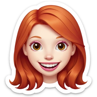 Young girl with pale skin, full pink lips smiling with big teeth, ginger red hair (very long), bigger nose, extra large brown eyes (very big eyes), big mouth sticker