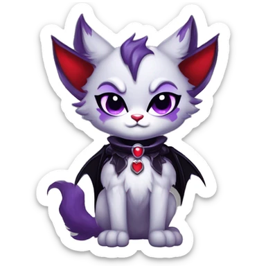 Anthro-Cute-Edgy-Cool-Vampiric-Batty-Cat-Black-Purple-Red-Grey-White-Contrast-Colors-Fantasy-Fur-Sona-Chibi-Shiny-Fakémon-Hybrid with horns and fangs and collar full body sticker