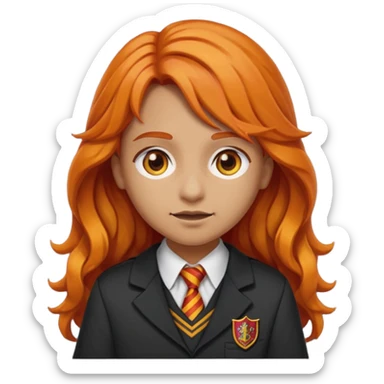 A iphone emoji with long wavy fierce orange hair and hazel eyes, wearing Gryffindor school uniform sticker