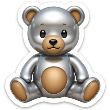 A cute teddy bear emoji made of liquid silver chrome, smooth rounded body, glossy metallic surface, soft reflections, friendly proportions, iOS emoji style, centered, clean white background sticker