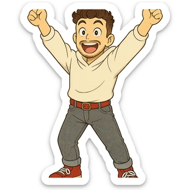 1 male, mid fade haircut dark chestnut brown curly hair, toasted lightskin, white hoodie sleeves up, gray fashion jeans, red fashion-sneakers shoes, red belt, short trimmed beard and goatee,  style of deku from "my hero academia",  doing a pose for a "happy" emote for twitch sticker