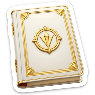 A white leather book with golden accents, smooth and polished, embossed with a symbol of six pillars,, radiating strength, confidence, and the power of self-worth.  sticker