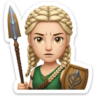 Emoji portrait of a Celtic warrior. Braided hair, fierce expression, holding a spear. sticker