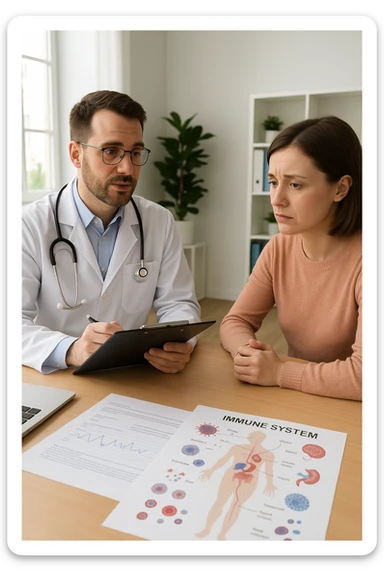 a doctor sits across from a patient in a bright, modern medical office. The doctor holds a clipboard and gently explains the diagnosis, while the patient listens with a concerned but attentive expression. On the desk, there are medical charts and a diagram of the immune system. The mood is empathetic and professional. sticker