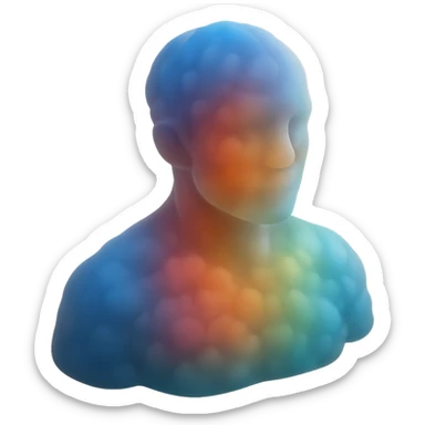 person made entirely of multicolored volumetric clouds, shoulder up, front view, matte glass style sticker