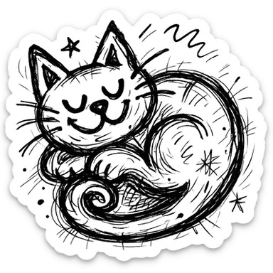 chaotic outlined icon of a cute cat curled up and purring, with exaggerated, whimsical features sticker