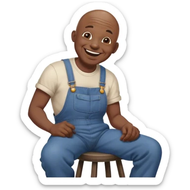Side view Laughing Old bald black man sitting on stool wearing overalls sticker