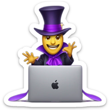 magician with a purple pointy magic hat with a star working on a macbook sticker