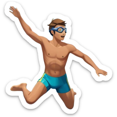 A diver mid-air, plunging from a high cliff into the sparkling ocean below. The background features rugged cliffs, clear blue water, and a bright sky, emphasizing the excitement and danger of the sport with a sense of freedom and adventure. sticker