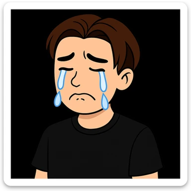 Edit the image of the boy to show him crying with tears flowing from his eyes, with a sad face, wearing a black shirt. Keep the face and style as in the original image. sticker