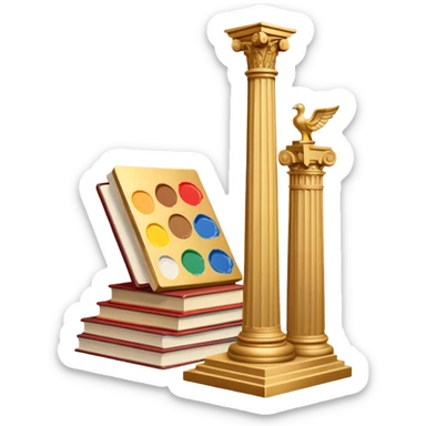 An icon featuring a paint palette, a sculpture, and a book, symbolizing the study of culture and art. The design includes a classical column and a canvas, representing art history and cultural exploration. Transparent background highlights the connection between creativity and history. sticker
