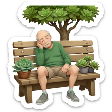 Old Man sleeping (fully laying) sideways on bench in green sweater, light brown shorts, and grey shoes with one tree and succulents in background sticker