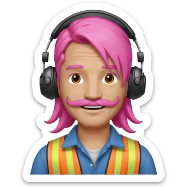construction worker with long pink hair and headphones and mustache sticker