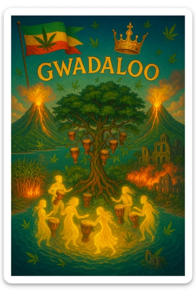 “Depict a mystical reimagining of Guadeloupe, a sacred French Caribbean island renamed Gwadaloo in spiritual rhythm. The landscape blends lush green mountains, twin volcanoes erupting golden light, and deep turquoise sea. In the center stands a legendary Drum Tree — its branches grow carved wooden drums instead of fruit, and glowing ancestral spirits dance around it in a circle of rhythm. Sugarcane fields burn gently in the background, symbolizing the release of colonial pain, while ganja leaves drift in the wind like blessings. Overhead, a sacred ganja-leaf flag flutters in the sky with red, green, and gold colors. A Creole crown floats in golden light above the island, not on any man’s head, but pulsing to the beat of the land. In the distance, ghostly ruins of colonial buildings crumble into dust, reclaimed by vines and time. Use a vibrant, cinematic color palette with warm golden light, deep greens, glowing reds, and ocean blues. Style the scene as prophetic, surreal, and empowering — a vision of Caribbean sovereignty, rhythm, and soul remembrance." sticker