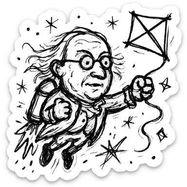 Ben Franklin with jetpack and diamond kite, minimalist, black outline, slightly chaotic lines sticker