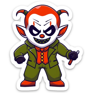 evil clown warrior, bald, short black devil-like horns on forehead, fangs, pointed ears, black and military green leisure suit with bellbottom pants, realistically proportioned, less bulky, full body visible, battle-ready fighting posture sticker