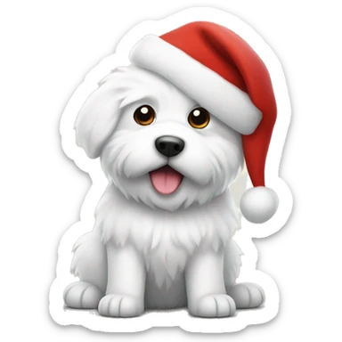 Fluffy white dog wearing a Santa hat sticker