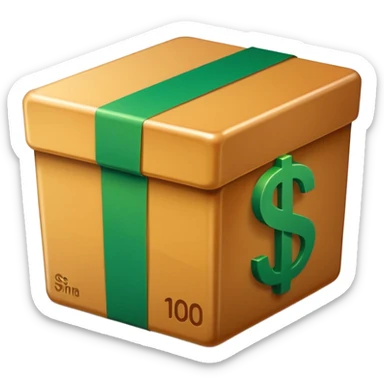 Closed box facing forwards with semi rounded edges Light honey‑brown tape strip with a glossy highlight green bill with a bold white dollar sign, anchored at the bottom left of the box create depth with slight shadows Plain white background for that crisp, emoji‑ready finish sticker