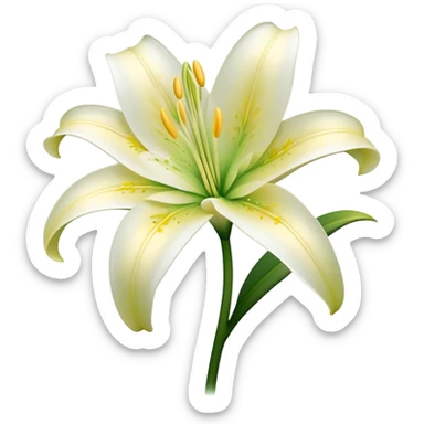 Cinematic Realistic Lily Emoji, Elegant and fragrant, with soft, white petals curling delicately around a golden-yellow stamen at its center. The long, slender green stem stands tall, supporting the vibrant bloom with its slightly curled tips. Soft glowing outline, capturing the essence of purity, elegance, and grace in a striking lily. sticker
