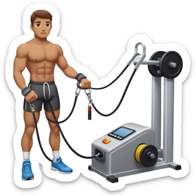 athlete standing next to cable-machine with cable tied to ankle cuffs (for leg exercise) sticker