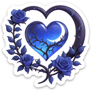 gothic heart, midnight blue glass, silver crescent moon, black roses, stardust, lightning, rain, cracked glass, elegant style sticker