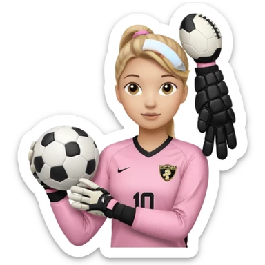 Make a dirty blonde football goalkeeper with goalkeeper gloves on holding a regular  The girl is light skinned and wearing a light pink football. Wearing a ponytail on back of head. Make it without the whole body. With full sleeves. WITHOUT A RUGBY BALL JUST REGULAR BLACK AND WHITE BALL. sticker