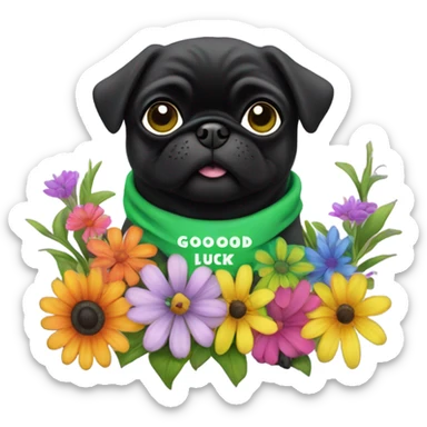 Black pug , surrounded by flowers, holding a green sign that says “good luck”  sticker