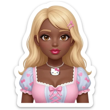 heart shaped lips, cute glossy lips, doll eyes with long lashes, dark brown skin, blonde hair, big chest, hello kitty necklace, one bow clip, bimbocore outfit sticker