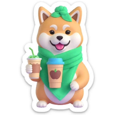 cheerful and relaxed Akita Inu wearing a green head towel, holding an iced coffee sticker