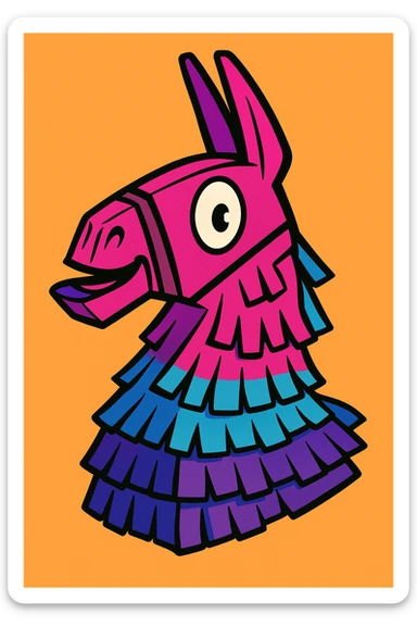 colorful llama piñata head, vibrant cartoon style inspired by Fortnite, bold outlines, playful expression sticker