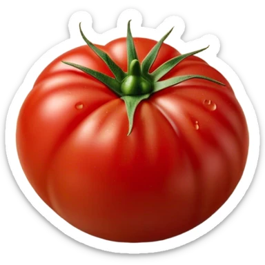 Cinematic juicy ripe tomatoe, deep red, slightly dewy, arranged on a wooden cutting board, soft glowing background, rich and flavorful. sticker