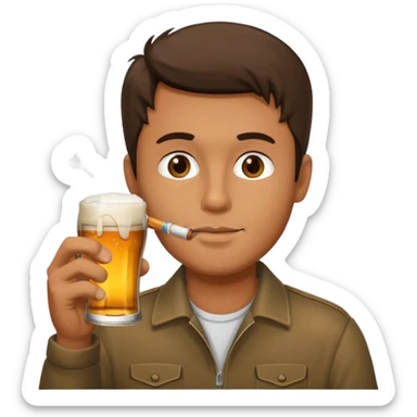 Man drinking a beer with a cigarette sticker