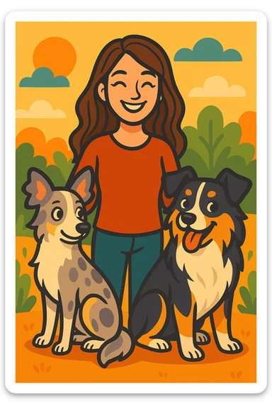 Make the woman younger while keeping her with two mini Australian shepherds, one dainty female and one boyish male, in the same vibrant toon style. sticker