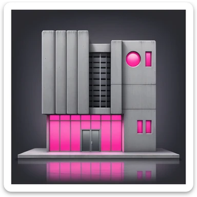 Minimalist gray concrete building with one window glowing bright pink, brutalist architecture sticker