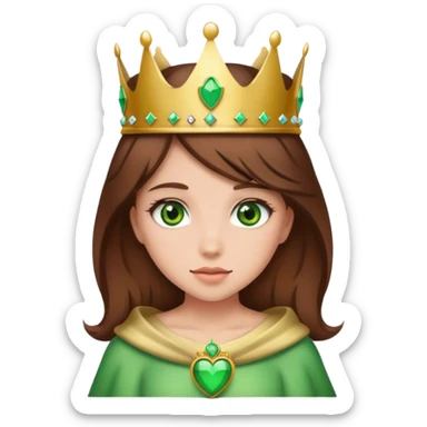 Girl with brown hair, green eyes, crown and heart sticker