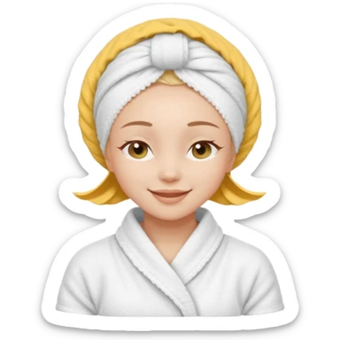 cute girl with her eyes closed and smiling, wearing a white spa towel as her clothes in she has a white spa towel on her head, white face skincare mask whole face sticker