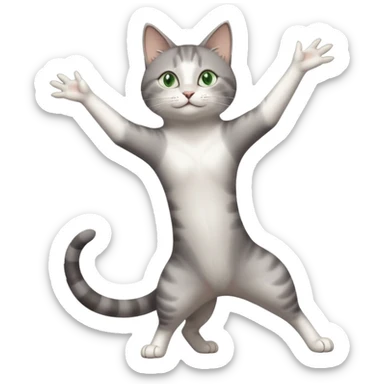 grey and white cat with green eyes doing a big long stretch reaching up into the air with arms and legs side by side together sticker