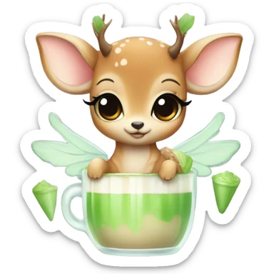 baby deer with fairy wings drinking iced matcha latte  sticker