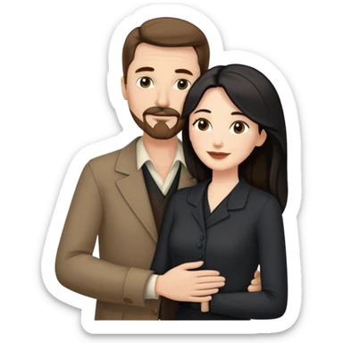 middle aged couple, tall white man with brown hair goatee mustache hugging a pale woman with long black hair, wearing elegant clothing sticker