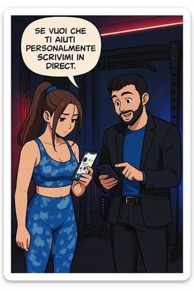 TRASFORMA QUESTO CAROSELLO IN UN FUMETTO STILE WEBTOON/MANGA A COLORI CON QUESTE DUE PERSONE IDENTICHE CHE INTERLOQUISCONO TRA LORO, L'UOMO MOSTRA UNO SMARTPHONE ALLA DONNA INDICANDOLO, E ANCHE LA DONNA HA LO SMARTPHONE IN MANO PER ANDARE A SEGUIRE IL SUO PROFILO INSTAGRAM:

LUI (UOMO): Se vuoi che ti aiuti personalmente
SCRIVIMI IN DIRECT sticker